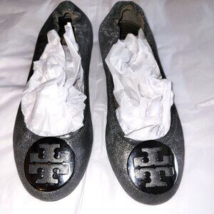 Tory Burch Silver Flats with Black Logo